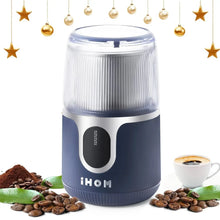 Blue cordless electric coffee grinder with clear lid and stainless blade chamber