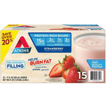 Atkins strawberry protein-rich shake carton front with 15g protein and 2g net carbs