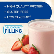 Strawberry protein-rich shake label panel with gluten free and low glycemic
