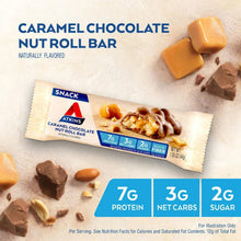 Caramel chocolate nut roll snack bar and wrapper showing 7g protein, 3g carbs, 2g sugar