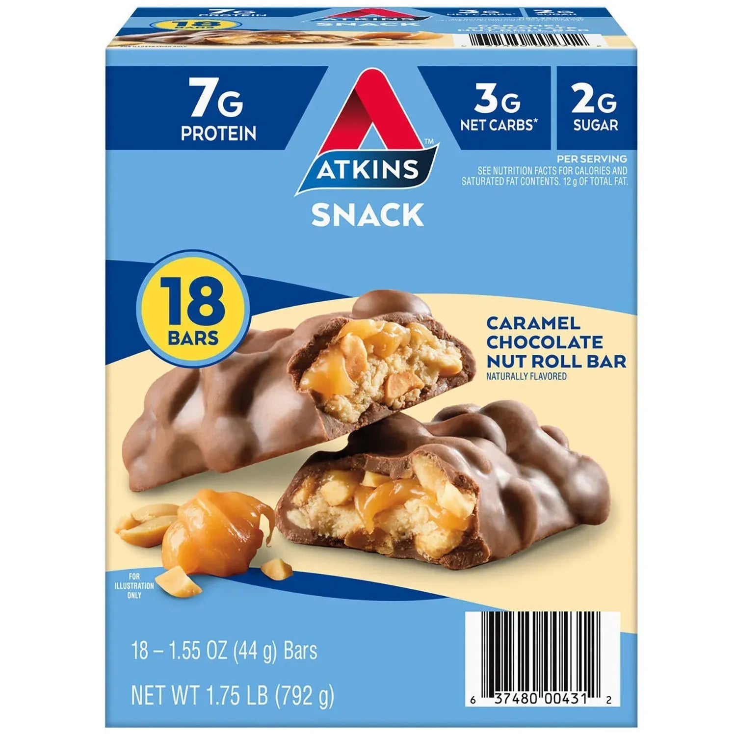 Atkins Anytime Snacks, Snack Bar, Caramel Chocolate Nut Roll, 18 ct.