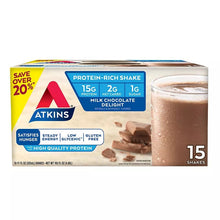 Milk chocolate protein shake carton, exterior front panel with 15 shake count