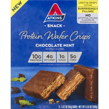Atkins snack protein wafer crisps box, chocolate mint flavor, light and crispy
