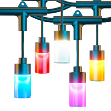 Color string light bulbs on teal metal frame, glowing in blue, red, and purple