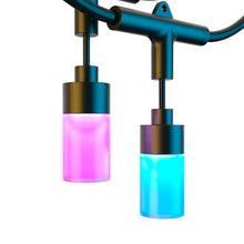 Color string light bulbs with pink and blue glass, teal metal connector bars