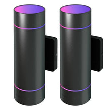 Pair of black cylindrical outdoor wall sconces with glowing purple light bands