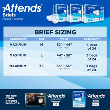 Adult incontinence briefs box with brief sizing chart for M, L, XL and case count