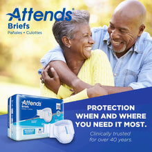 Adult incontinence briefs package with contoured brief shown beside people