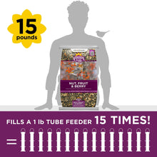 Audubon Park nut, fruit & berry bird food bag with 15 pounds label and feeder graphic