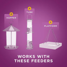 Wild bird food bag shown with icons for hopper, tube, and platform feeders
