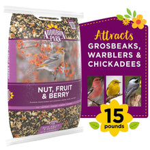 Audubon Park nut, fruit & berry wild bird food bag with purple label and 15 lb pack