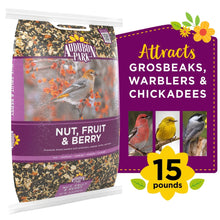 Nut, fruit & berry wild bird food bag with colorful ingredient mix graphics