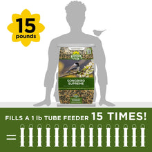 Bird seed bag with yellow 15 pounds graphic and person holding it