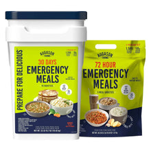 Emergency meal supply canister with blue lid and 2 meal pouches