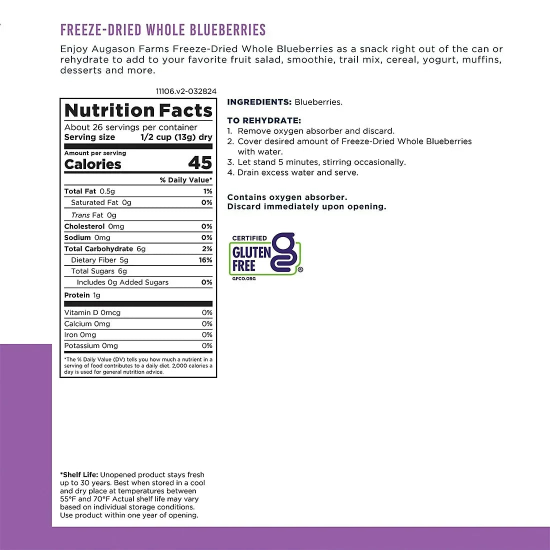 Augason Farms Freeze Dried Whole Blueberries Can, 12 oz.