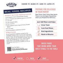 Augason Farms peanut butter protein bites recipe card with directions and prep icons