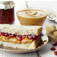 Peanut butter sandwich on a plate with bread slices and visible filling