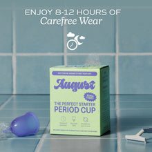 Purple period cup with green 1-count packaging box, for carefree wear