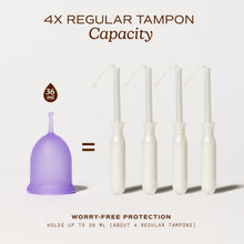 Purple period cup beside four tampon applicators showing 36 ml capacity