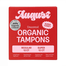 Unscented organic tampon box, red, showing Regular 12 ct and Super 12 ct