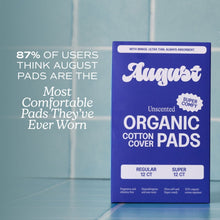 Unscented organic cotton cover pads box, Regular 12 ct and Super 12 ct counts.