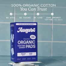 Organic cotton cover pads pack with regular 12 ct and super 12 ct, unscented.