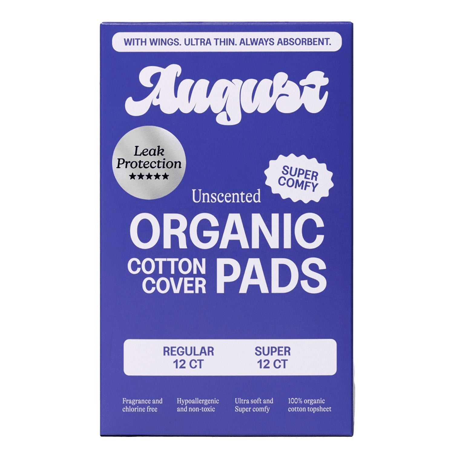 August Organic Cotton Cover Combo Regular and Super Pads, 24 Count (PACK OF 3 )