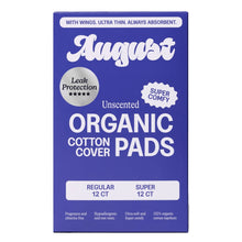 Organic cotton cover pads box, unscented with wings, Regular 12 ct and Super 12 ct.