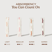 Organic tampon absorbency comparison showing Light, Regular, Super, and Super+