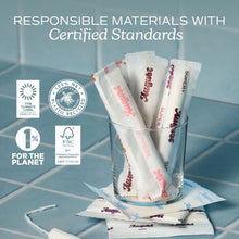 Organic tampon sleeves in a clear cup with certified eco labels