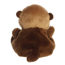 Brown mini sea otter plush, rear view with rounded ears and fuzzy flippers