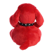 Red plush dog stuffed animal with black studded collar, back view