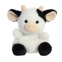 White and black cow plush with beige snout, black hooves, and round eyes