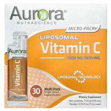 Liposomal Vitamin C supplement box, orange/white, 1000 mg per serving, 30 packets.