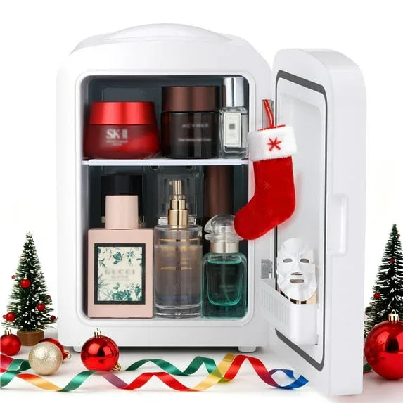 Auseo Mini Portable Fridge Personal, Countertop, 4L/6 Cans, Cooler Small Refrigerator, Front Door Stainless Steel, AC/DC, Option for Skincare, Makeup, Drinks, Dorm Room, White - USA MEGA SHOP