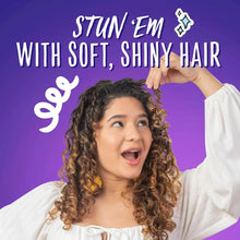 3-in-1 shampoo and conditioner promo with curly-haired woman holding hair