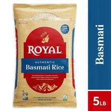 Basmati rice bag with Royal Authentic label, red and blue design, 5 lb