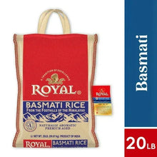 Royal basmati rice bag, 20 lb, red-and-blue front with carrying handles