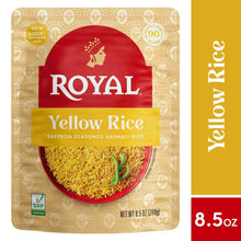 Saffron seasoned basmati rice pouch with Royal Yellow Rice branding, 8.5 oz net wt