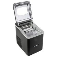 Black countertop ice maker with open lid and empty ice bin