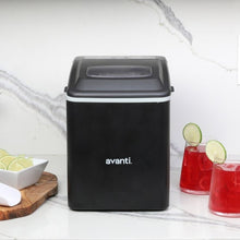 Black countertop ice maker with top window and control panel