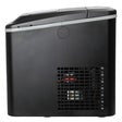 Side view of black countertop ice maker with vent panel and indicator lights