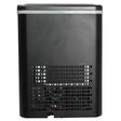 Back of black ice maker with vent panel and red indicator lights