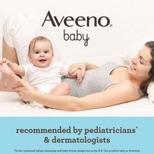 Aveeno baby daily moisture lotion featuring a baby and caregiver on bedding