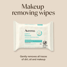 Cream Aveeno Calm+ Restore makeup removing wipes pack with logo and Do Not Flush icon