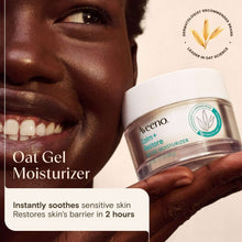 Oat gel moisturizer jar held near face, close-up of hand, smile, and label
