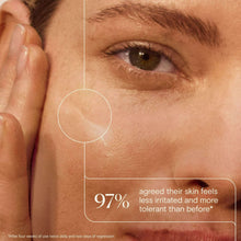 Skin close-up with eye area and fingertip applying gel moisturizer