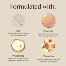 Face moisturizer ingredient icons: oat, feverfew, vitamin B5, ceramide