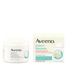 Aveeno Calm+ Restore face cream jar and carton, fragrance free label