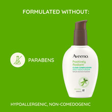 Aveeno Positively Radiant clear complexion daily moisturizer bottle, paraben-free claim